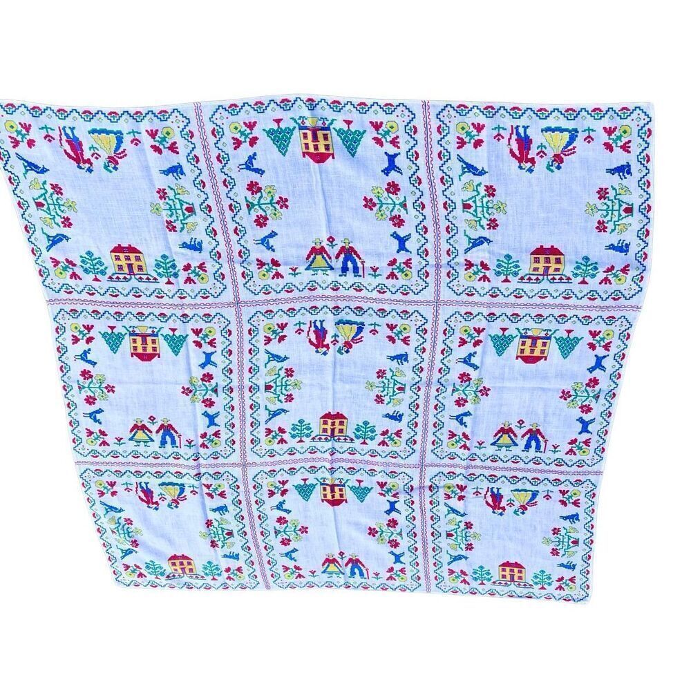 Vintage Tablecloth Dutch Folk Art in Red Yellow & Blue No Rips or Stains